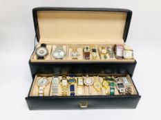 LEATHERETTE WRIST WATCH TREASURY BOX CONTAINING 20 X DESIGNER LADIES WRIST WATCHES OF VARIOUS