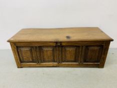 AN OAK COFFER C1700 - WIDTH 150CM. DEPTH 57CM. HEIGHT 53CM.