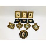 THREE GILT FRAMED SILHOUETTES, THREE PORTRAIT MINATURES,