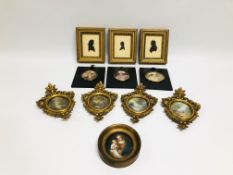 THREE GILT FRAMED SILHOUETTES, THREE PORTRAIT MINATURES,