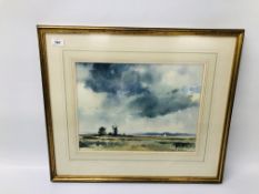 ADRIAN TAUNTON NORFOLK LANDSCAPE WITH WINDMILL, WATERCOLOUR 32 X 42CM.