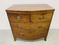 A MAHOGANY BOW FRONTED CHEST, TWO SHORT DRAWERS OVER TWO LONG - W 89CM. D 52CM. H 89CM.