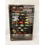 WALL MOUNT MODEL DISPLAY CABINET PLUS COLLECTION OF MODEL VEHICLES TO INCLUDE MANY COMMERCIALS