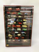 WALL MOUNT MODEL DISPLAY CABINET PLUS COLLECTION OF MODEL VEHICLES TO INCLUDE MANY COMMERCIALS