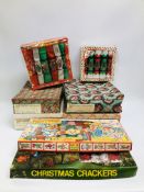 BOX OF ASSORTED BOXED VINTAGE CHRISTMAS CRACKERS AND DECORATIONS + BOX OF VINTAGE GAMES TO INCLUDE