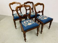 A SET OF FOUR VICTORIAN DINING CHAIRS WITH HAND EMBROIDERED DROP IN SEATS