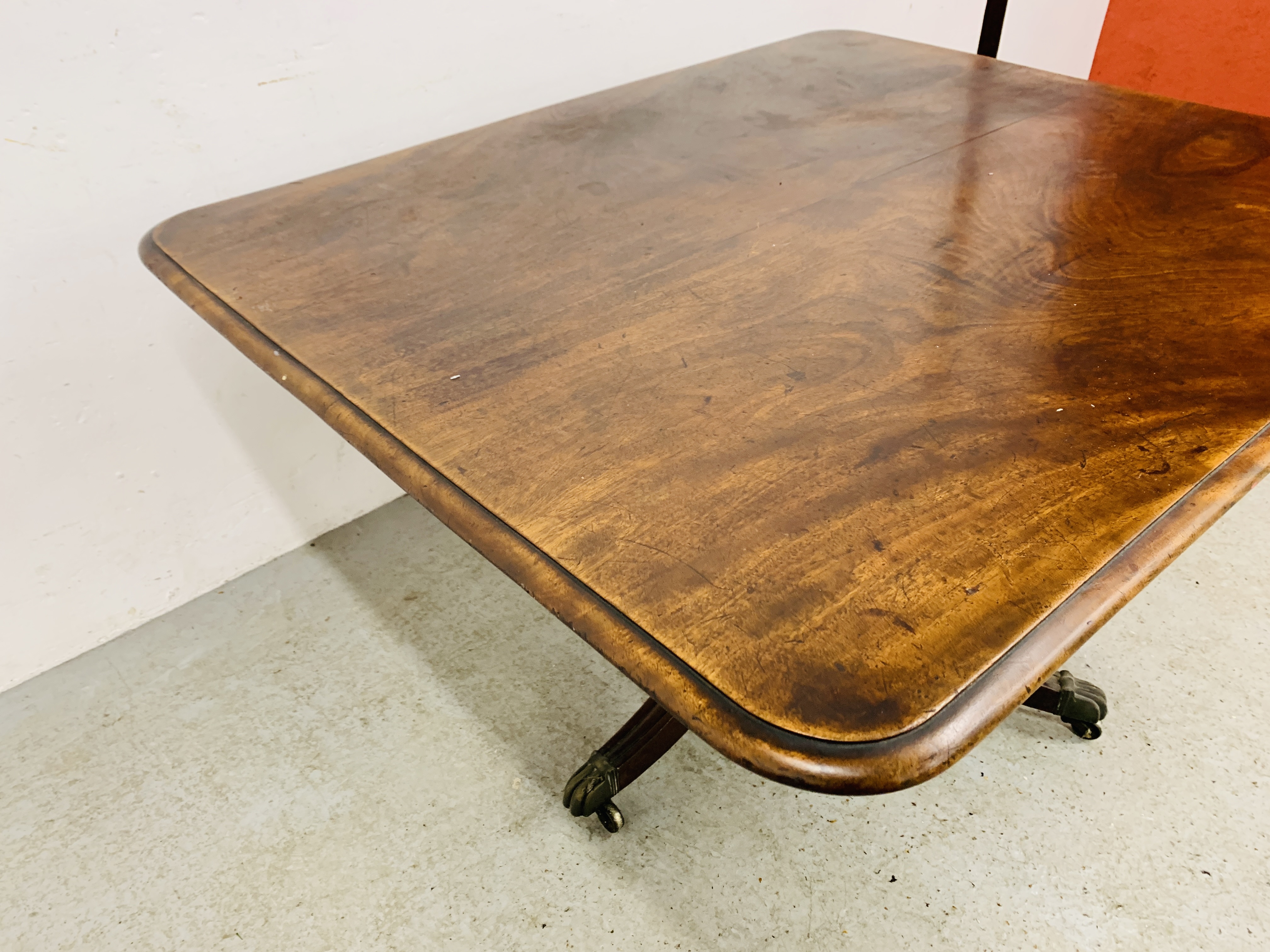 A WILLIAM IV MAHOGANY PEDESTAL DINING TABLE WITH SQUARE TOP W 100CM, D 120CM, - Image 7 of 7