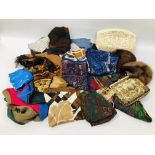 A SMALL COLLECTION OF LADIES FASHION SCARVES INCLUDING LIBERTY, PURSES AND FUR HATS ETC.