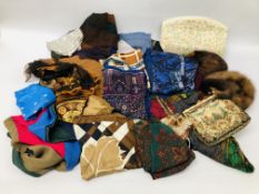 A SMALL COLLECTION OF LADIES FASHION SCARVES INCLUDING LIBERTY, PURSES AND FUR HATS ETC.