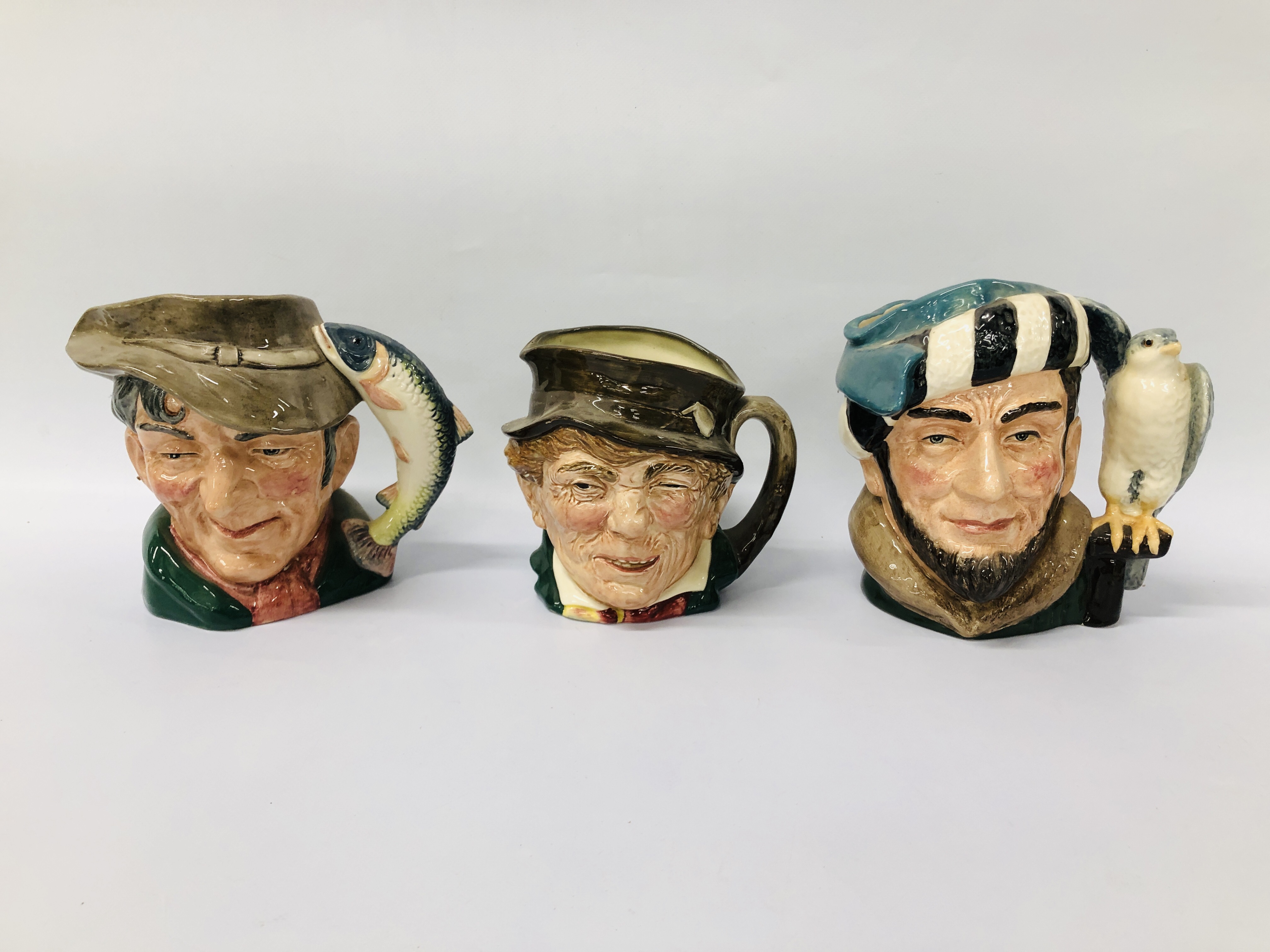 3 X ROYAL DOULTON CHARACTER JUGS TO INCLUDE "THE POACHER" - D 6429, THE FALCONER D 6533,