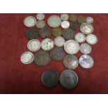 SMALL BOX SILVER AND OTHER COINS, GEORGE THIRD PENNIES,