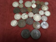 SMALL BOX SILVER AND OTHER COINS, GEORGE THIRD PENNIES,