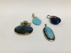 4 X DESIGNER SILVER HARD STONE SET PENDANTS