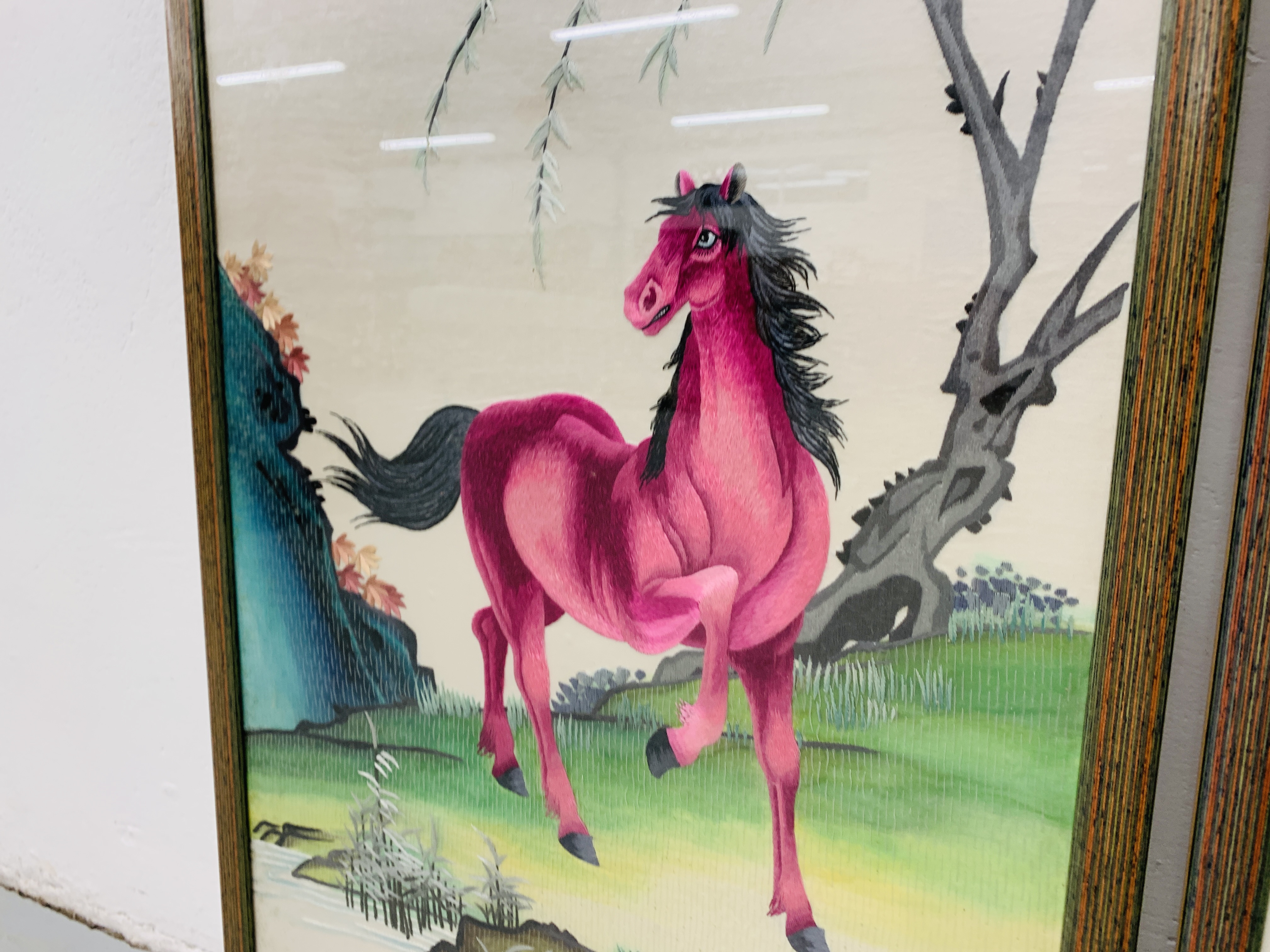 A PAIR OF FRAMED ORIENTAL EMBROIDERIES ON SILK DEPICTING PINK HORSES EACH - W 39CM. H 75CM. - Image 5 of 8