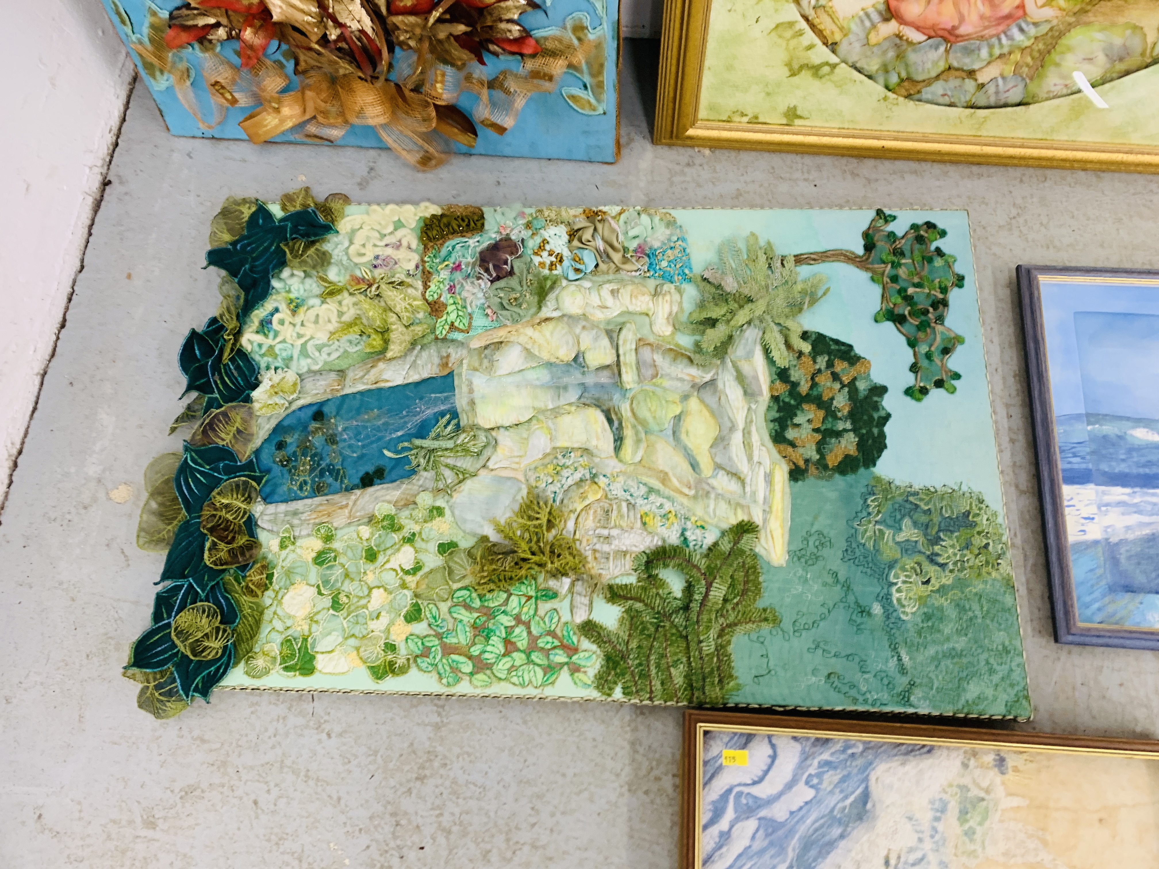 A GROUP OF FIFTEEN EMBROIDERY AND MIXED MEDICINE PICTURES TO INCLUDE FAIRY, SEASHORE, LANDSCAPE ETC. - Image 14 of 16