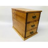 A VINTAGE STRIPPED AND WAXED PINE THREE DRAWER UNIT - W 29CM. D 43CM. H 39CM.