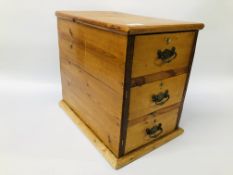 A VINTAGE STRIPPED AND WAXED PINE THREE DRAWER UNIT - W 29CM. D 43CM. H 39CM.