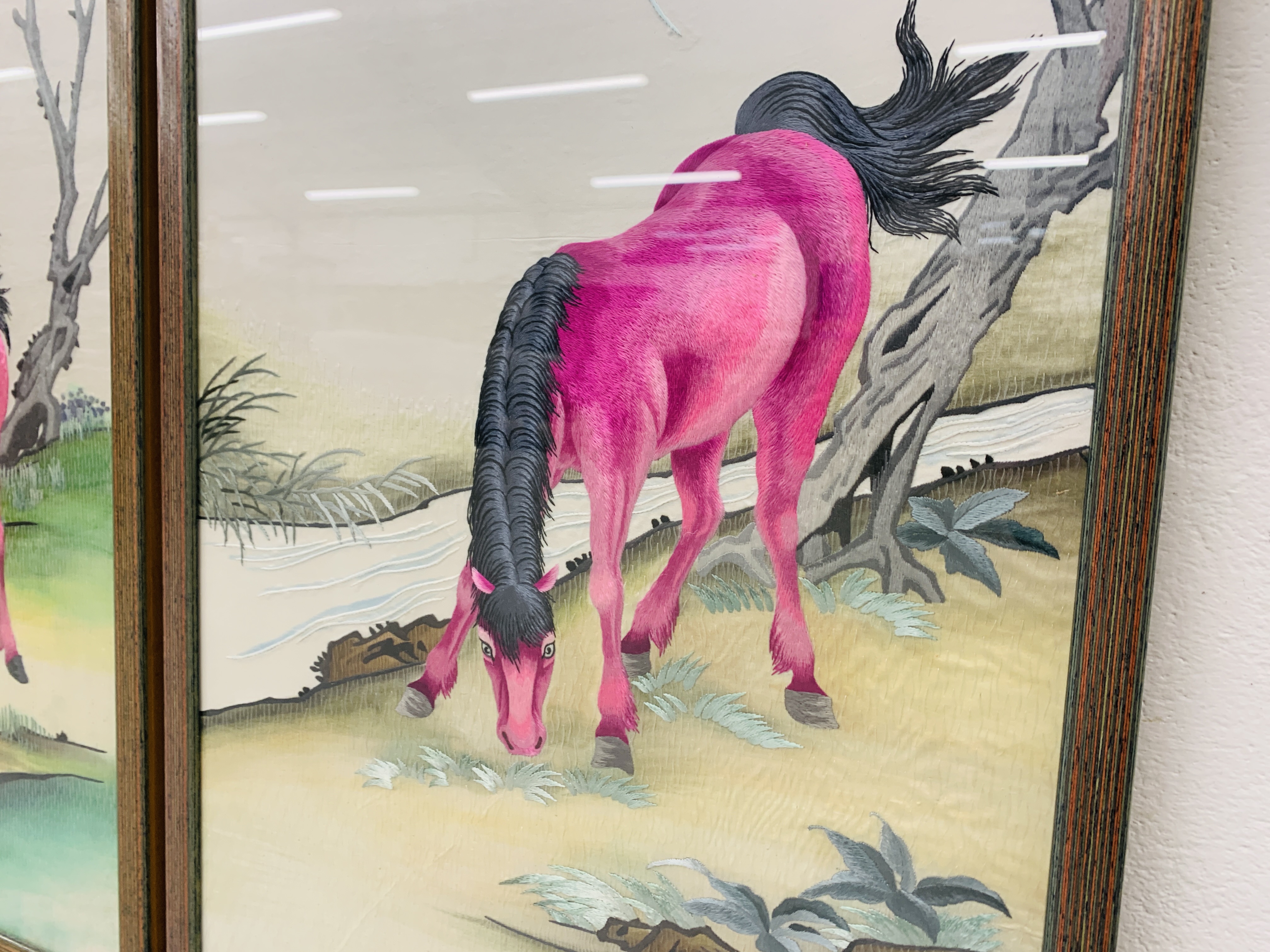 A PAIR OF FRAMED ORIENTAL EMBROIDERIES ON SILK DEPICTING PINK HORSES EACH - W 39CM. H 75CM. - Image 4 of 8