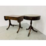 A REPRODUCTION DROP FLAP SINGLE DRAWER OCCASIONAL TABLE AND REPRODUCTION MAHOGANY FINISH PEDESTAL