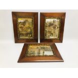 THREE MAHOGANY FRAMED WATERCOLOURS OF ARCHITECTURAL SCENES BEARING INITIALS W.S. EACH 18CM. X 25.