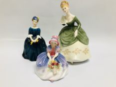 3 X ROYAL DOULTON FIGURINES TO INCLUDE MONICA HN 1467, CHERIE HN 2341, SOIREE HN 2312.