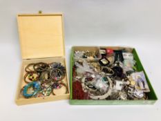 TRAY AND A BOX OF ASSORTED COSTUME JEWELLERY NECKLACES AND EARRINGS AND VARIOUS BANGLES ETC.
