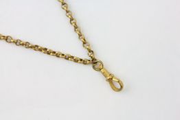 AN UNMARKED YELLOW METAL WATCH CHAIN, ASSUMED 9CT. GOLD, LENGTH 141CM.