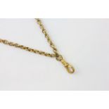 AN UNMARKED YELLOW METAL WATCH CHAIN, ASSUMED 9CT. GOLD, LENGTH 141CM.