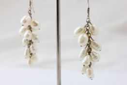 A PAIR OF FRESH WATER PEARL EARRINGS, CLUSTER SETTING, DROP LENGTH 53MM.