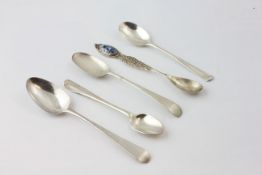 FIVE VARIOUS TEASPOONS, TWO HANOVERIAN PATTERN, TWO OLD ENGLISH, ONE DUTCH,
