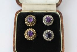 TWO PAIRS OF EARLY C20TH AMETHYST STUD EARRINGS, ONE PAIR SURROUNDED BY DIAMONDS, DIAMETER 11MM,