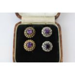 TWO PAIRS OF EARLY C20TH AMETHYST STUD EARRINGS, ONE PAIR SURROUNDED BY DIAMONDS, DIAMETER 11MM,