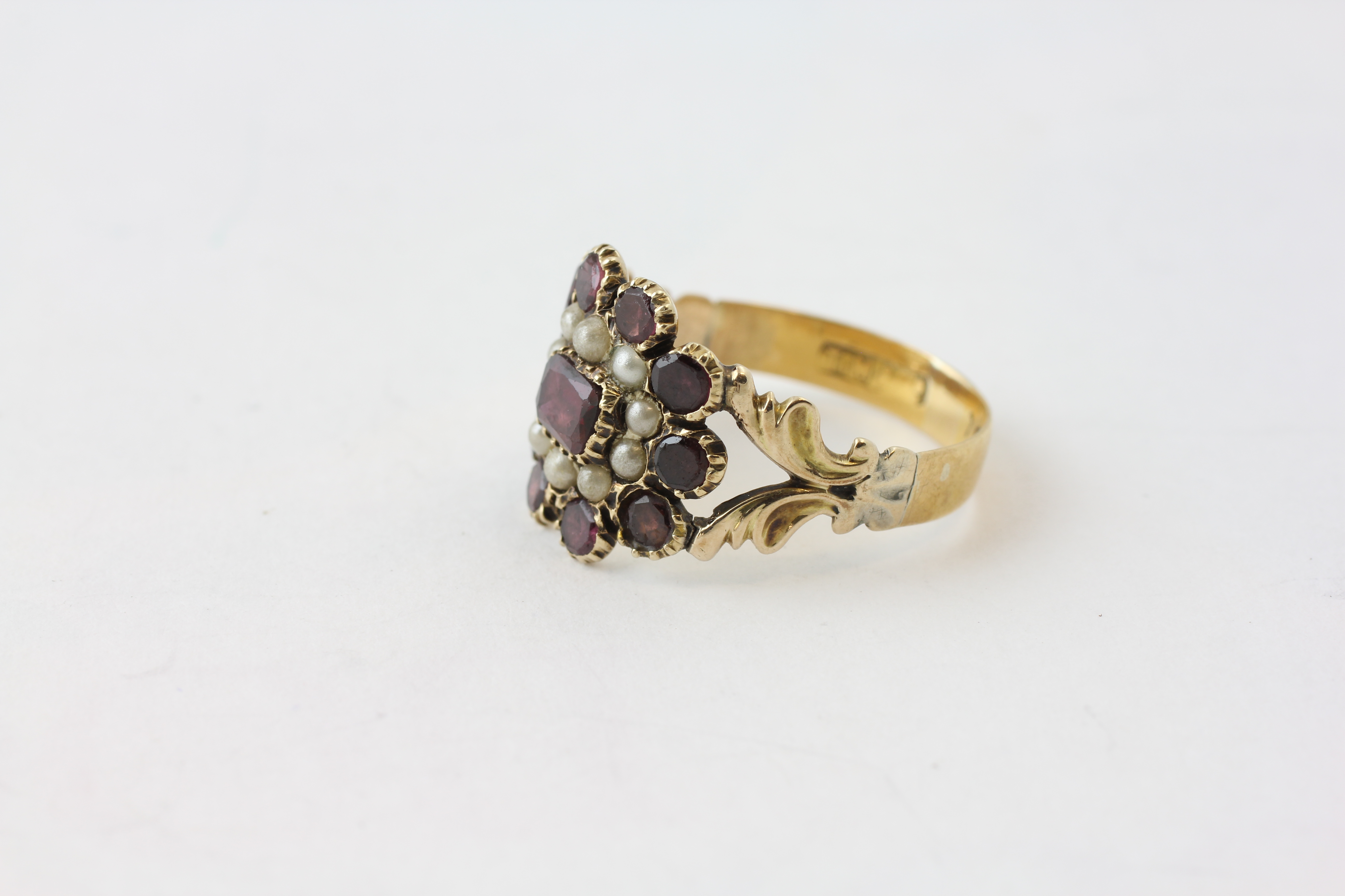 A VICTORIAN PEARL AND AMETHYST SET RING WITH PIERCED SHOULDERS, SET IN 22CT GOLD, - Image 3 of 6