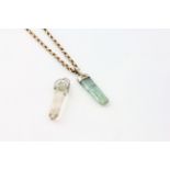 A 9CT GOLD NECKLACE SUPPORTING A HARDSTONE PENDANT ALONG WITH A FURTHER ROCK CRYSTAL PENDANT,