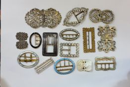 A COLLECTION OF 15 VINTAGE BUCKLES TO INCLUDE ENAMELLED,DIAMANTE SET, MOTHER OF PEARL, ETC.