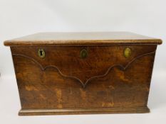 AN OAK SECURE TREASURY TRUNK FITTED WITH THREE LOCKS WIDTH 64CM DEPTH 41CM HEIGHT 36CM (KEYS