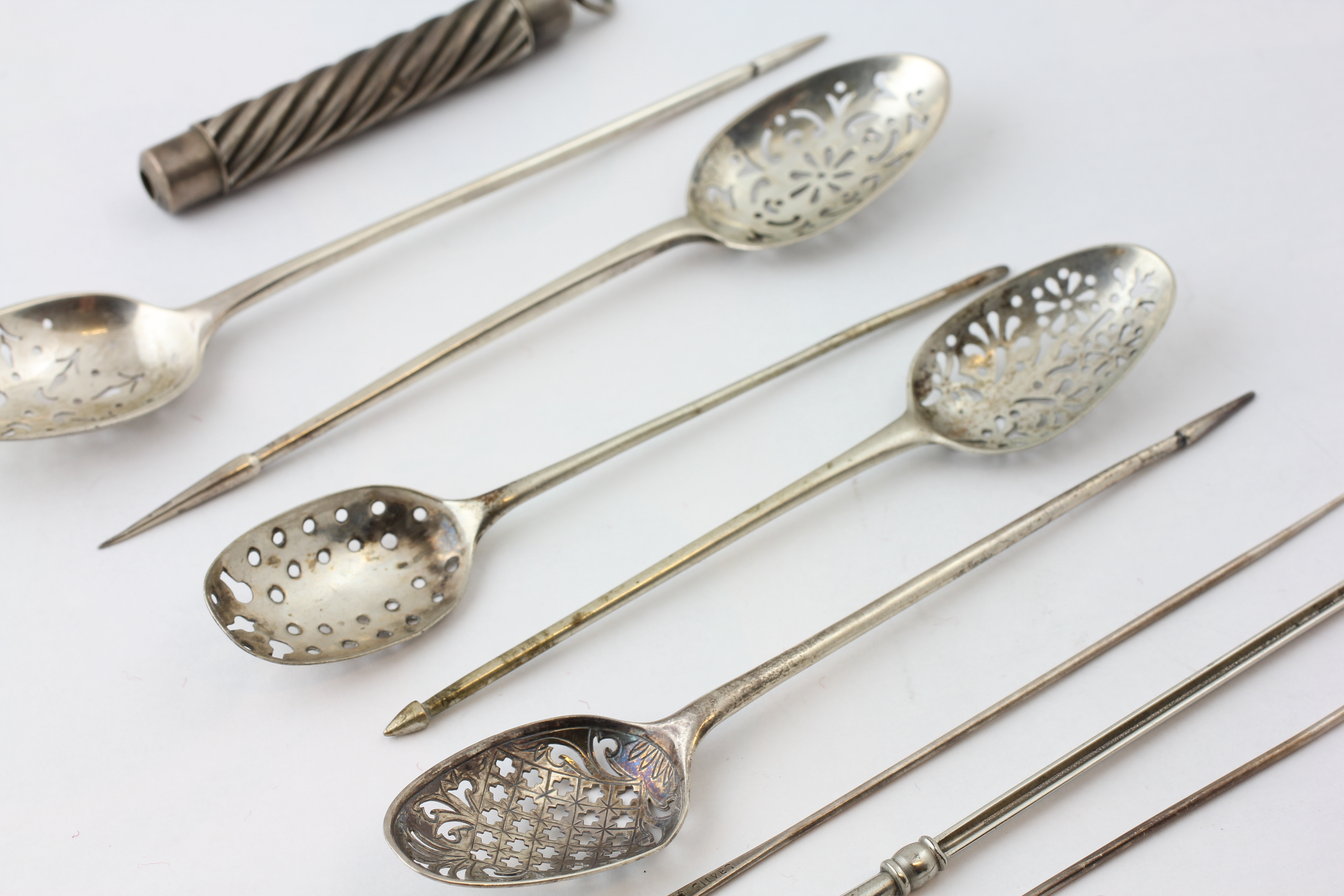 TWO SILVER MULBERRY/OLIVE SPOONS, LONDON 1799, THREE MULBERRY/OLIVE SPOONS, ONE EAR SCOOP, - Image 2 of 4