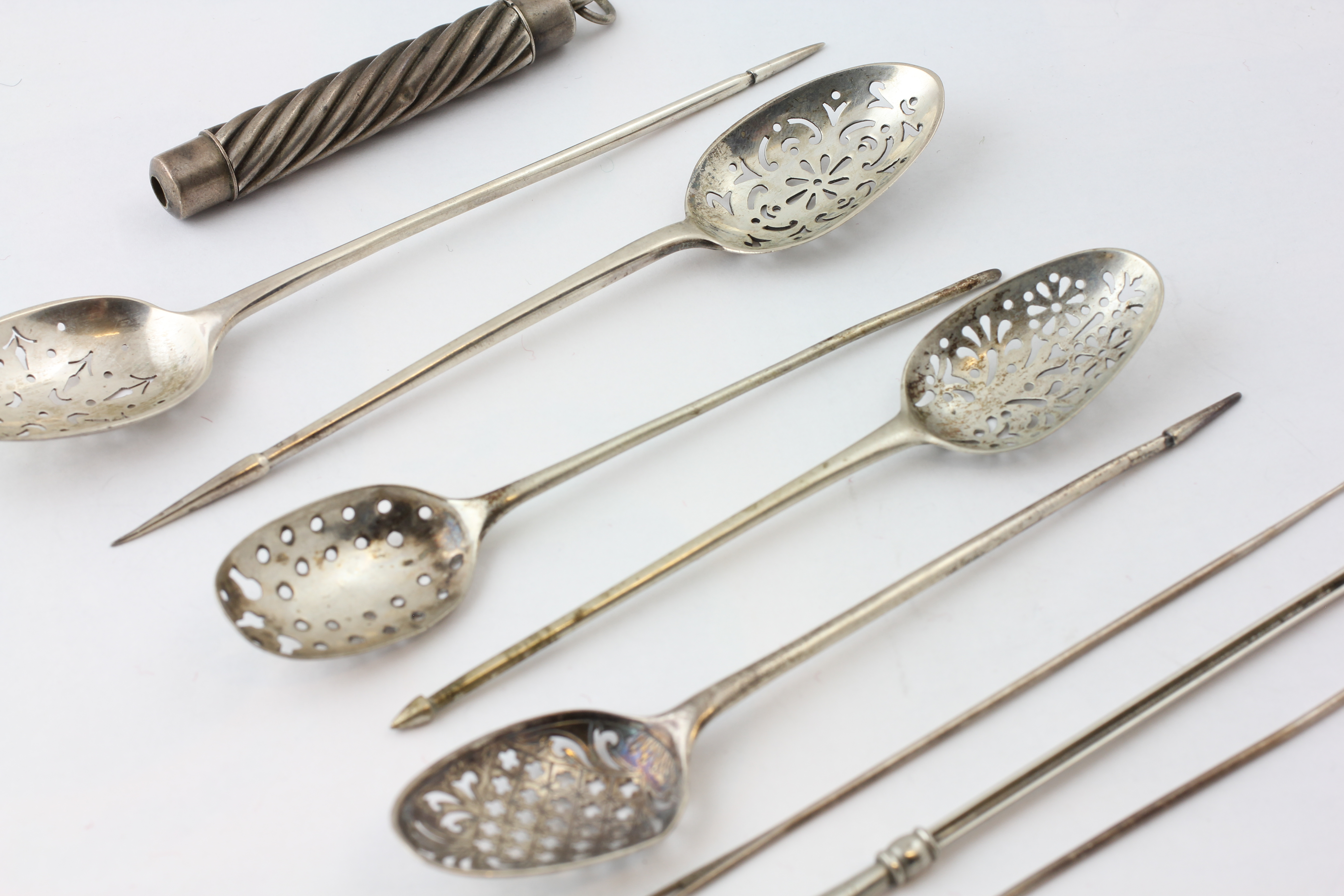 TWO SILVER MULBERRY/OLIVE SPOONS, LONDON 1799, THREE MULBERRY/OLIVE SPOONS, ONE EAR SCOOP, - Image 3 of 4