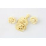 A PAIR OF ANTIQUE ROSE PETAL IVORY EARRINGS AND MATCHING IVORY PENDANT