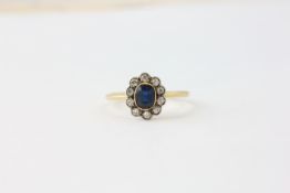 A SAPPHIRE AND DIAMOND RING, THE PRINCIPAL STONE SURROUNDED BY TEN DIAMONDS, SET IN 18CT GOLD,