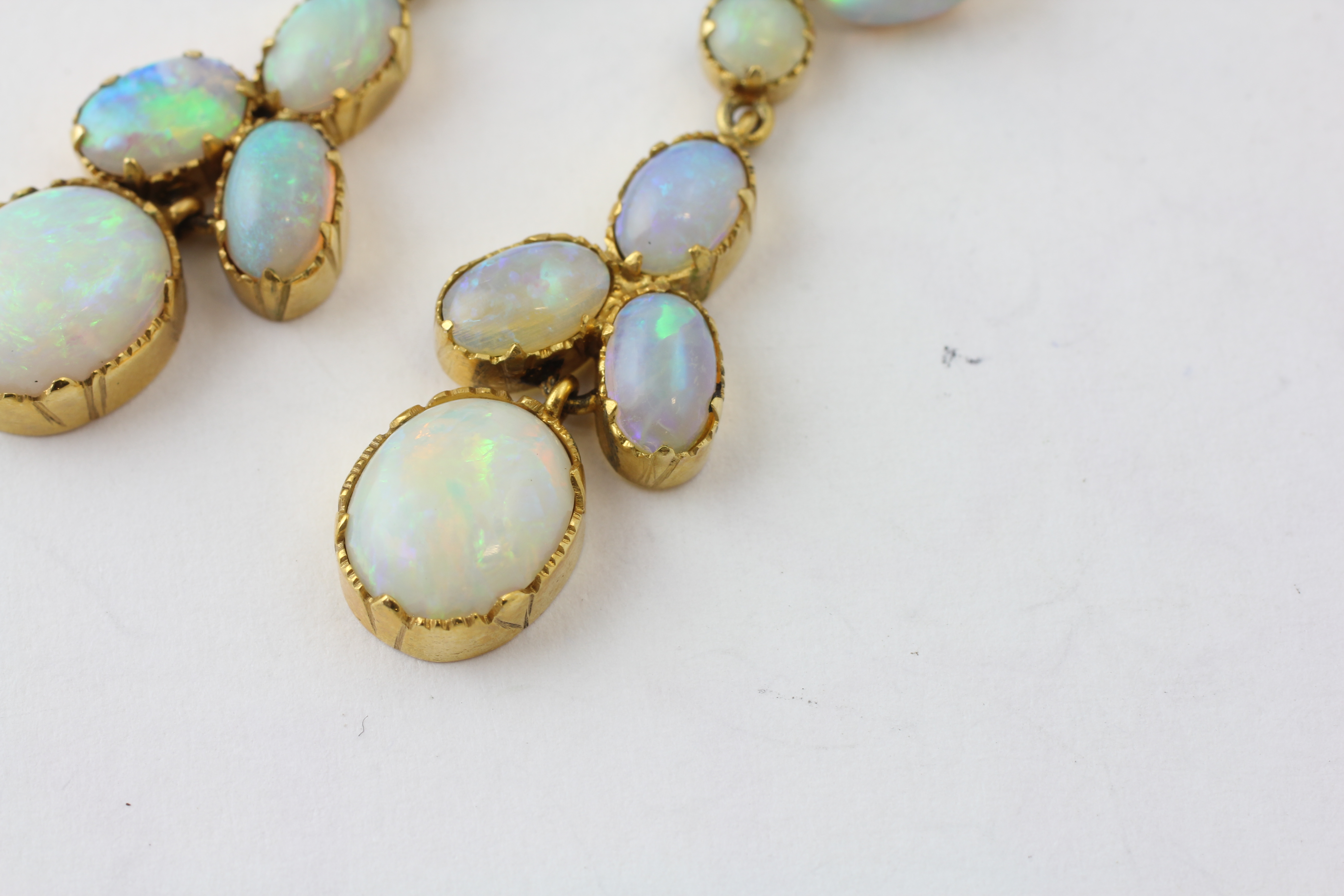 A PAIR OF SIX STONE OPAL DROP EARRINGS SET IN YELLOW METAL, - Image 2 of 3