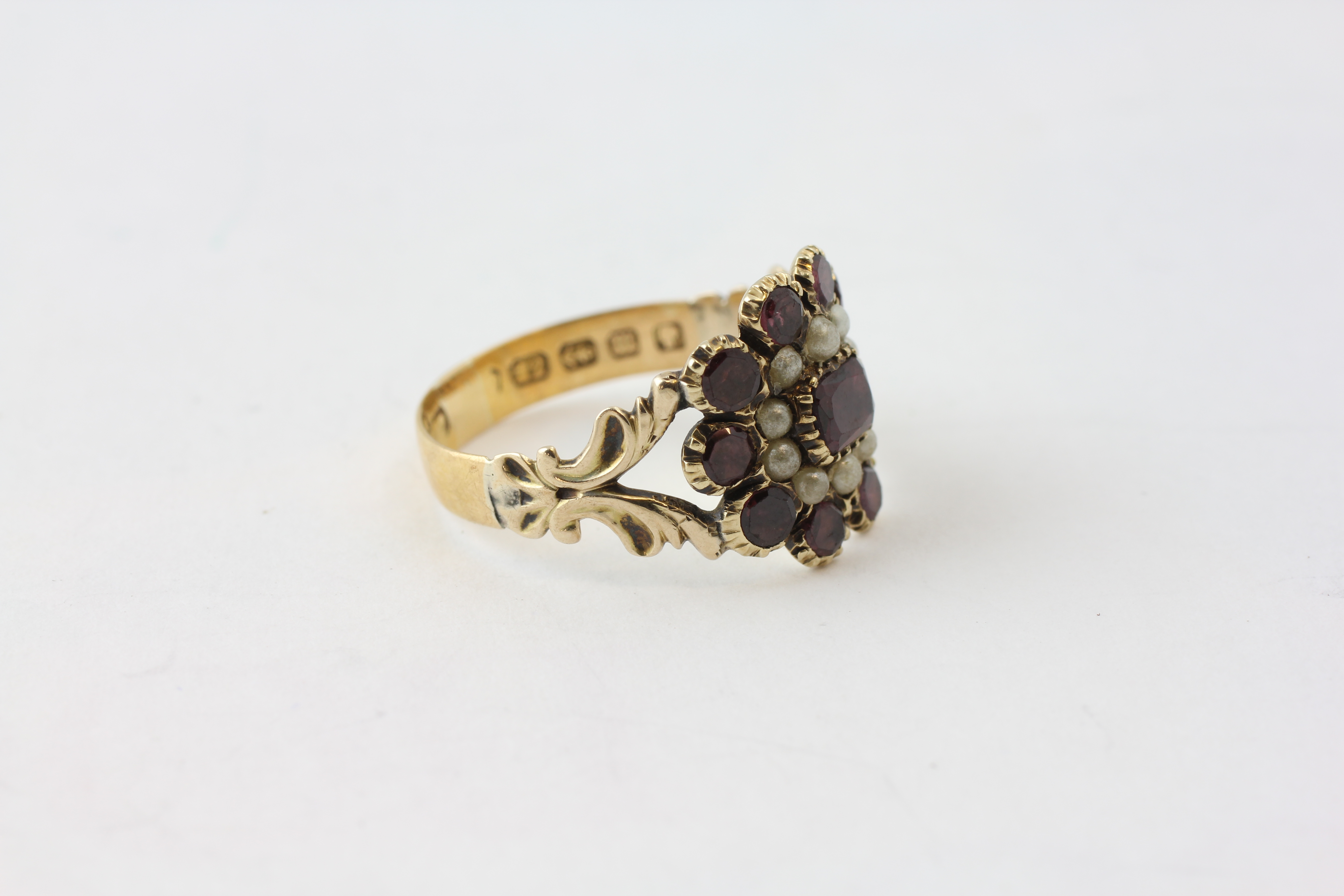 A VICTORIAN PEARL AND AMETHYST SET RING WITH PIERCED SHOULDERS, SET IN 22CT GOLD, - Image 2 of 6