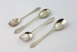 FOUR DOG NOSED SILVER TEASPOONS, RUBBED MARKS, C.