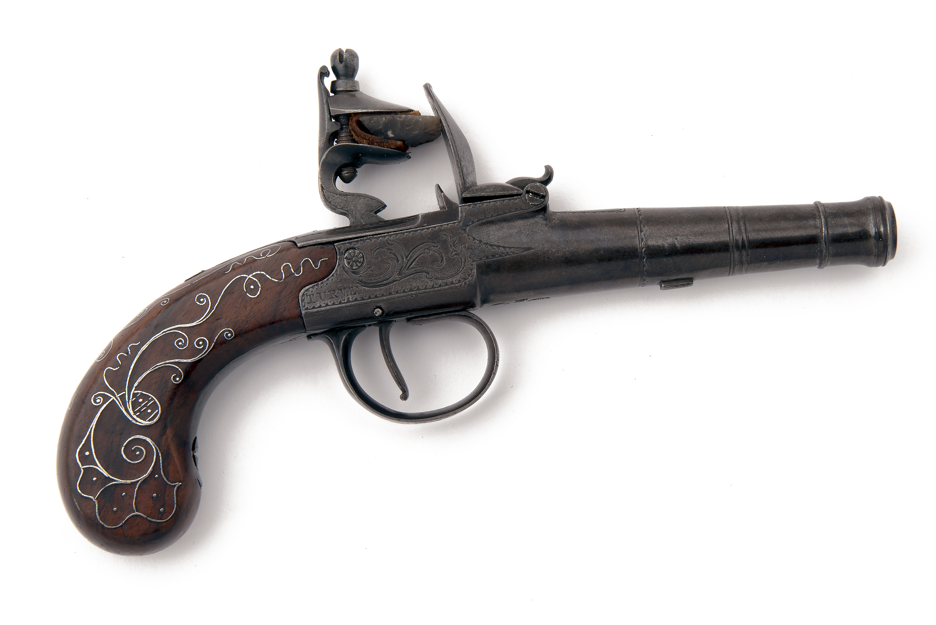 TURVEY, LONDON A 48-BORE FLINTLOCK CANNON-BARRELLED BOXLOCK POCKET-PISTOL, no visible serial number,