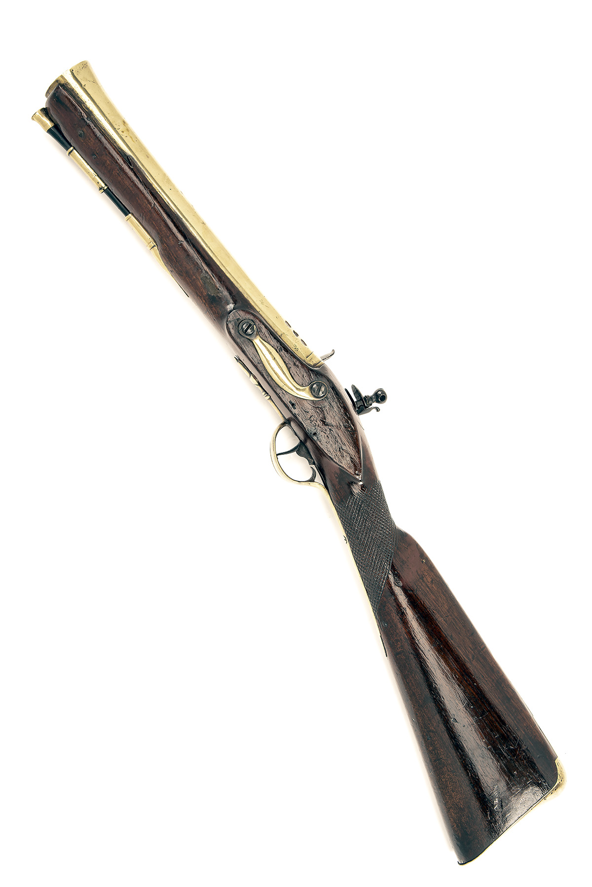 A 12-BORE FLINTLOCK BRASS-BARRELLED BLUNDERBUSS, UNSIGNED, no visible serial number, English circa - Image 2 of 4