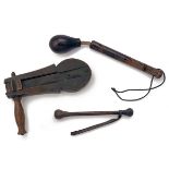 A SMALL COLLECTION OF LATE VICTORIAN GAMEKEEPER'S ACCOUTREMENTS, including a shaped beech-wood