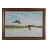 MACKENZIE THORPE AN ORIGINAL OIL ON CANVAS, signed by the artist, dated 1975, showing Canada geese