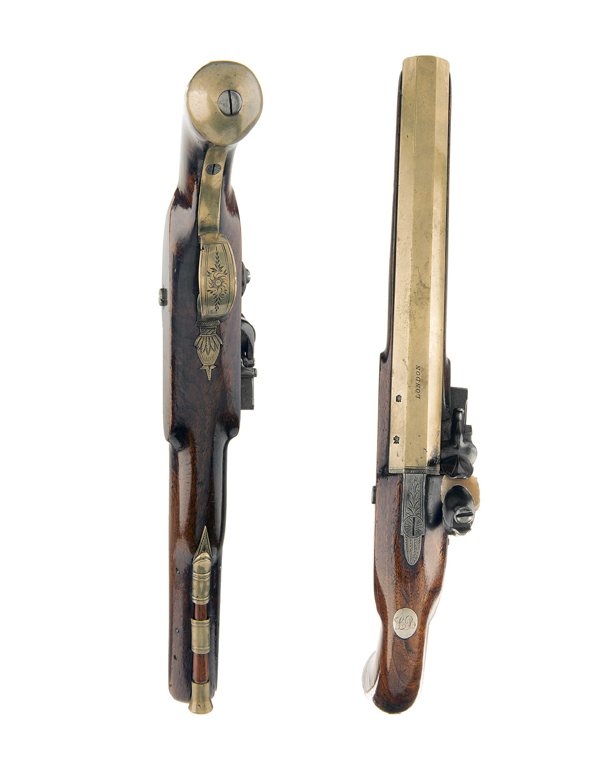 A PAIR OF .650 FLINTLOCK BRASS-BARRELLED OFFICER'S PISTOLS SIGNED 'A.W. SPIES, LONDON', no visible - Image 2 of 2