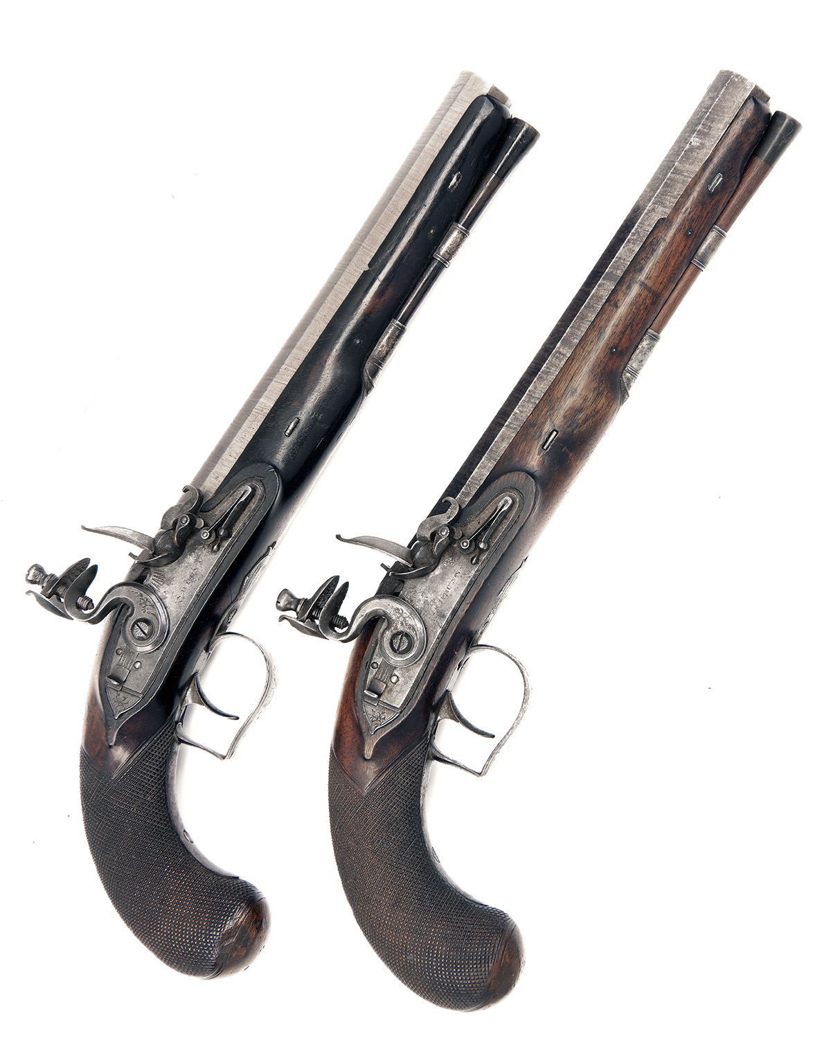 S. BRUNN, LONDON A CASED PAIR OF 20-BORE FLINTLOCK DUELLING-PISTOLS, no visible serial numbers, made