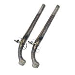 A GOOD PAIR OF 20-BORE FLINTLOCK OTTOMAN HOLSTER-PISTOLS WITH GILT DECORATION, UNSIGNED, no